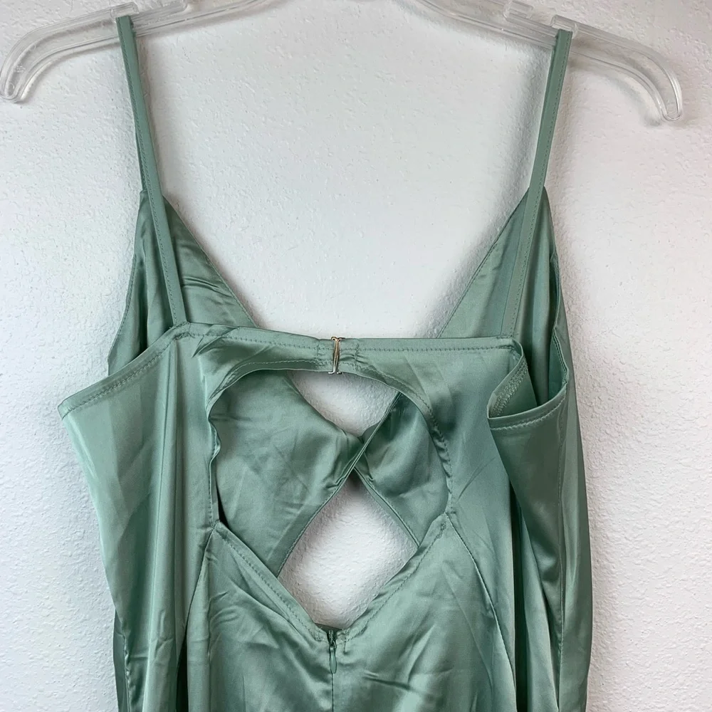 NWT Olive, mossy maxi slip dress, spaghetti strap deep V Neck thigh slit hem - Picture 9 of 12